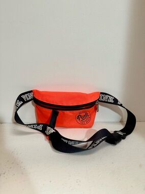 PINK Victoria's Secret Neon Orange/Pink Logo Belt Bag with Black Strap
